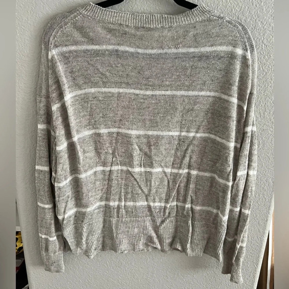 White + Warren Linen Striped Open Crewneck Sweater - Picture 5 of 5